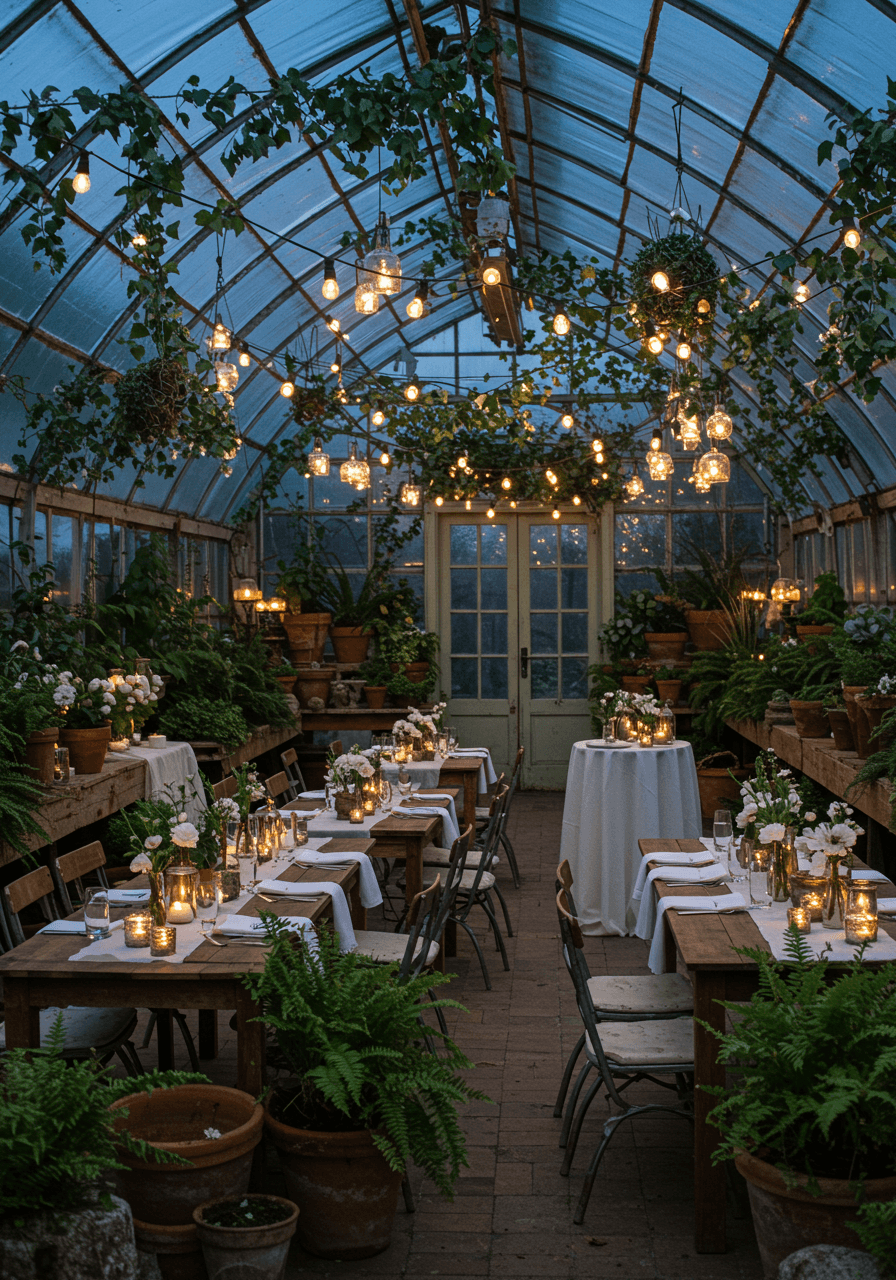 Greenhouse with vintage wooden tables, lush ferns, and string lights woven through hanging ivy at twilight