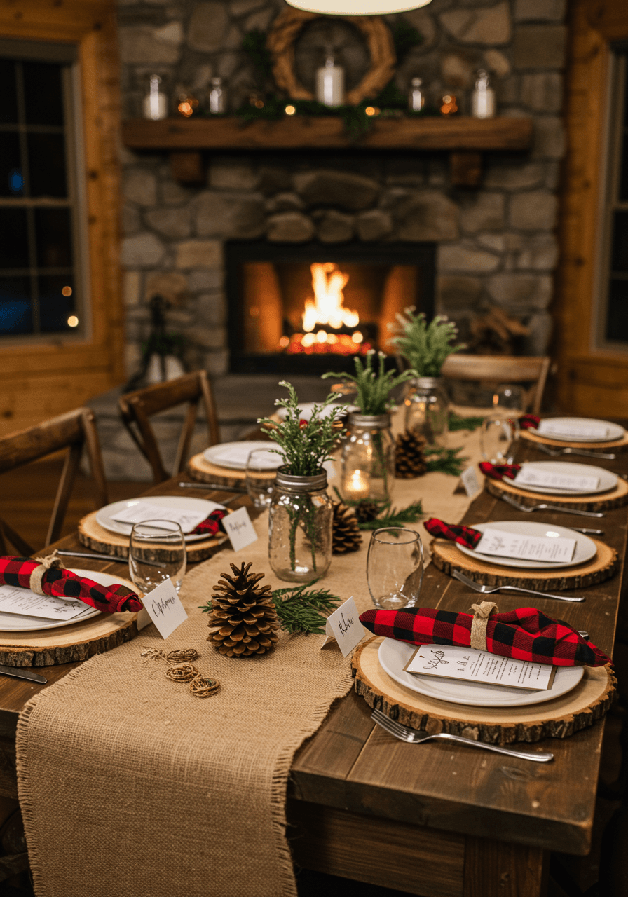Rustic table with burlap runners and wooden chargers in cabin dining room with crackling stone fireplace