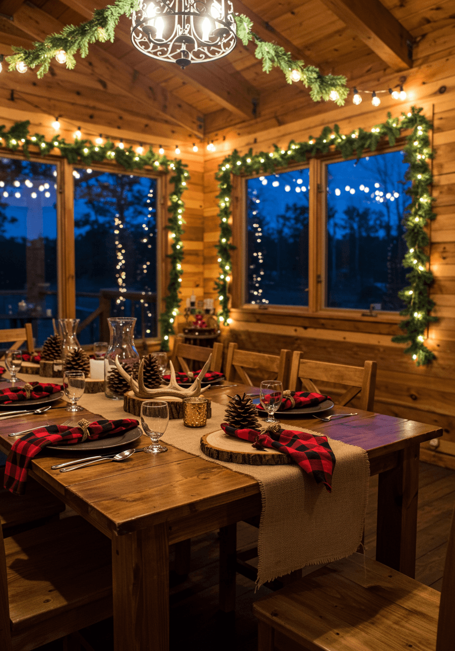 Wooden lodge table with flannel napkins and birch wood chargers illuminated by warm string lights