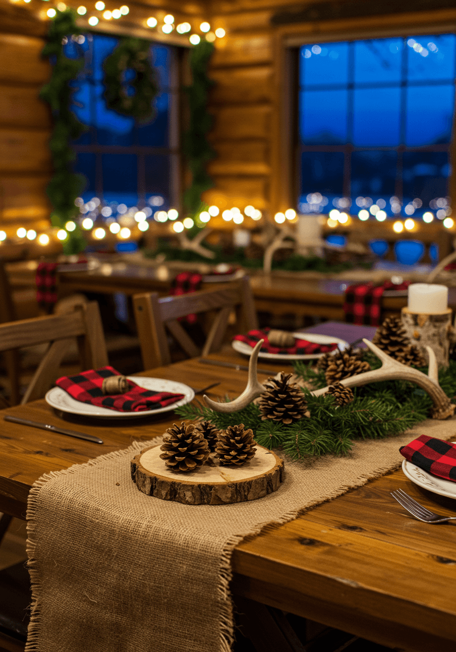 Rustic farm table with burlap runners and pinecone centrepieces in cabin decorated with string lights at twilight