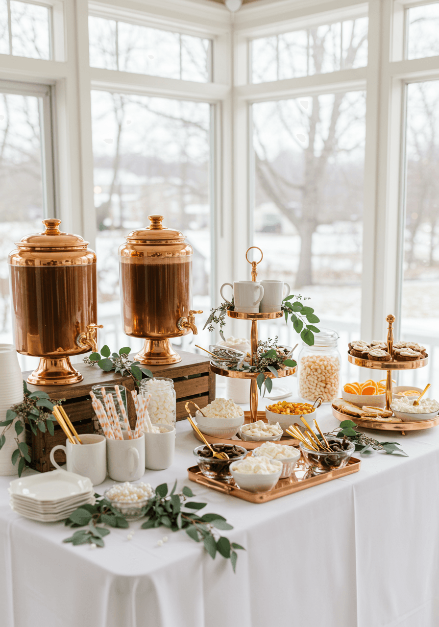 Sophisticated cocoa station with white ceramic mugs, gold spoons, and winter florals on white linen table