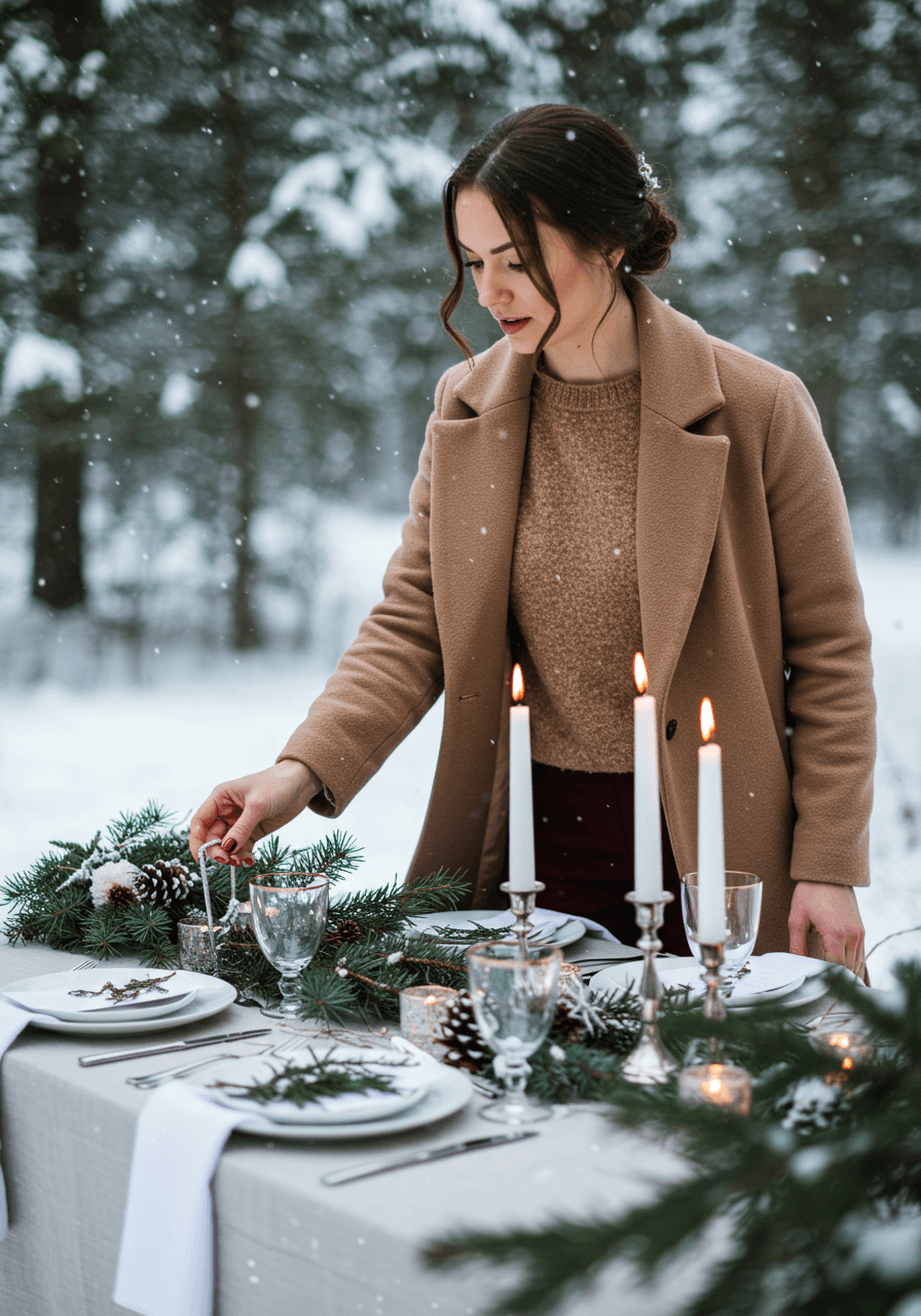 Guests raising champagne glasses with crystal glassware and white linens in snowy forest setting