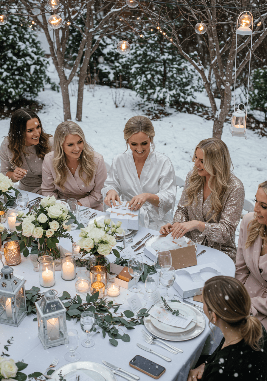 Guests toasting with crystal glassware and white rose centrepieces amid falling snowflakes at winter garden celebration
