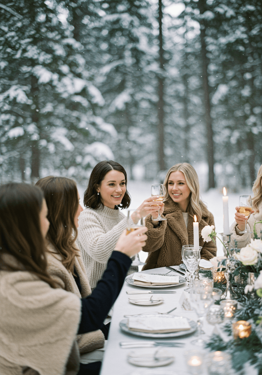 Women in elegant winter attire celebrating at table amongst snow-covered evergreen trees in forest clearing