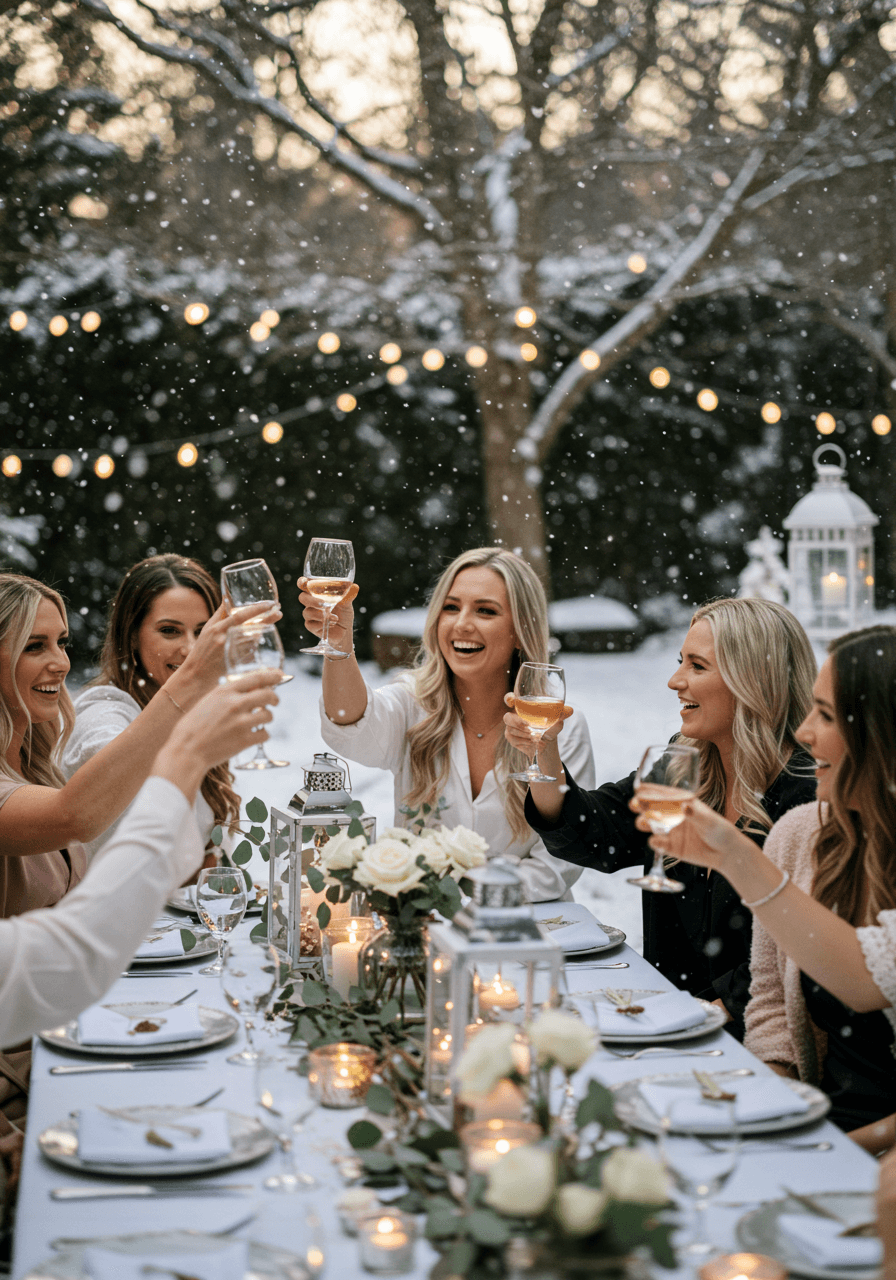 Elegant outdoor winter bridal shower with white-draped tables in snow-dusted garden during golden hour