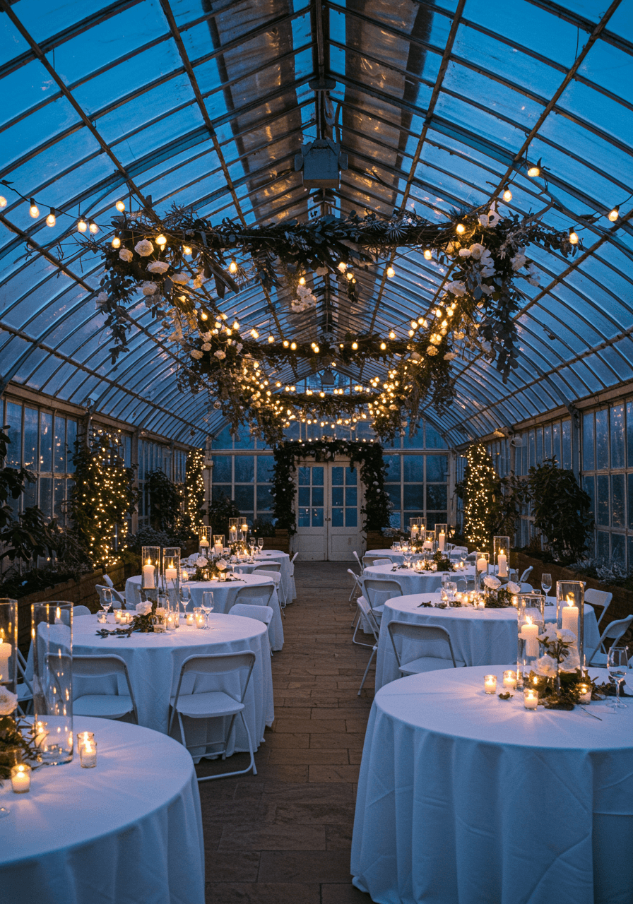 Greenhouse conservatory with white linens, hurricane candles, and string lights woven through vines for winter bridal shower