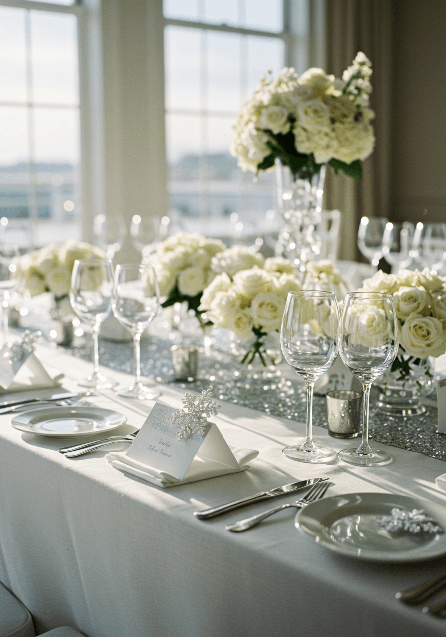 White and silver table with snowflake-shaped place cards and crystal glassware in bright, airy venue