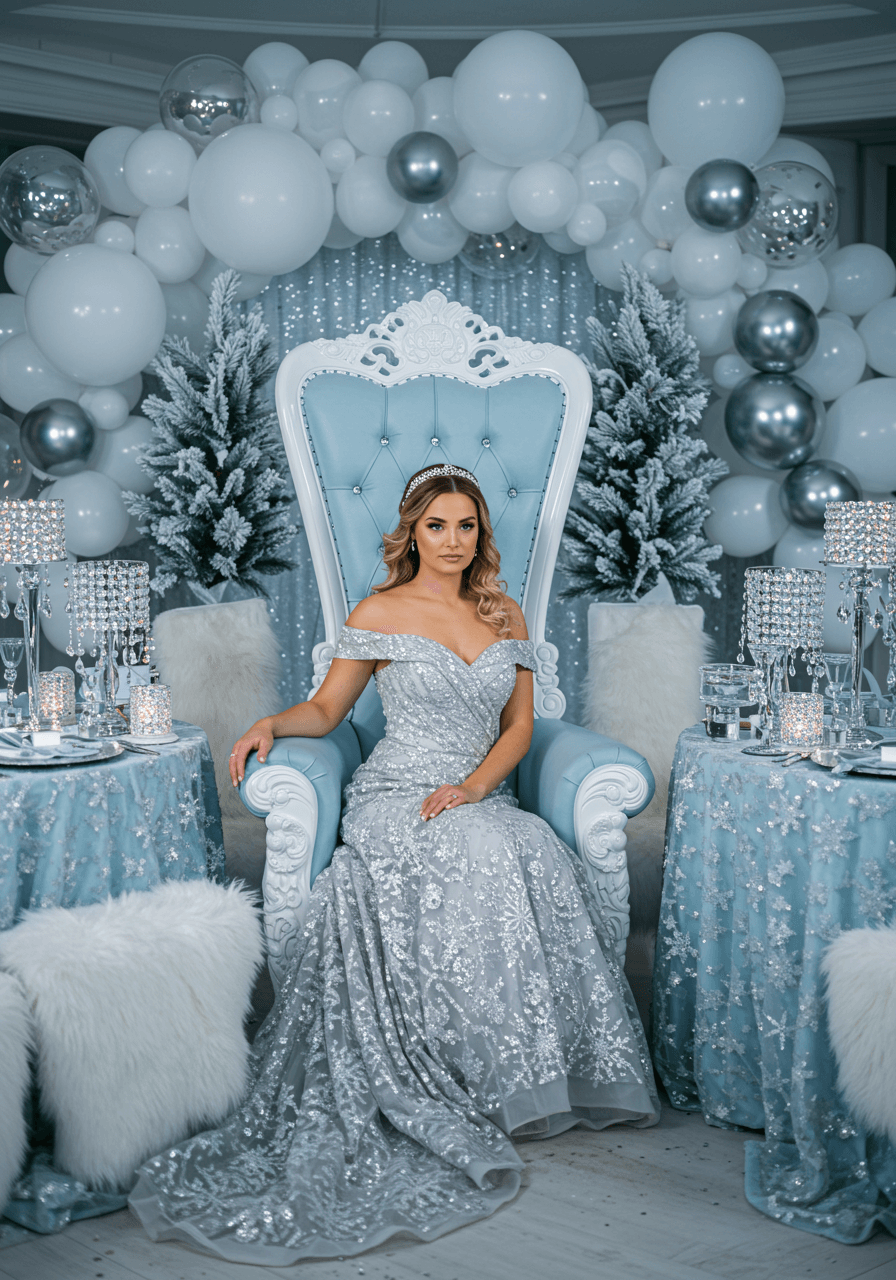 Bride-to-be in silver sequined gown with snowflake patterns seated on ice-blue velvet throne at winter wonderland shower