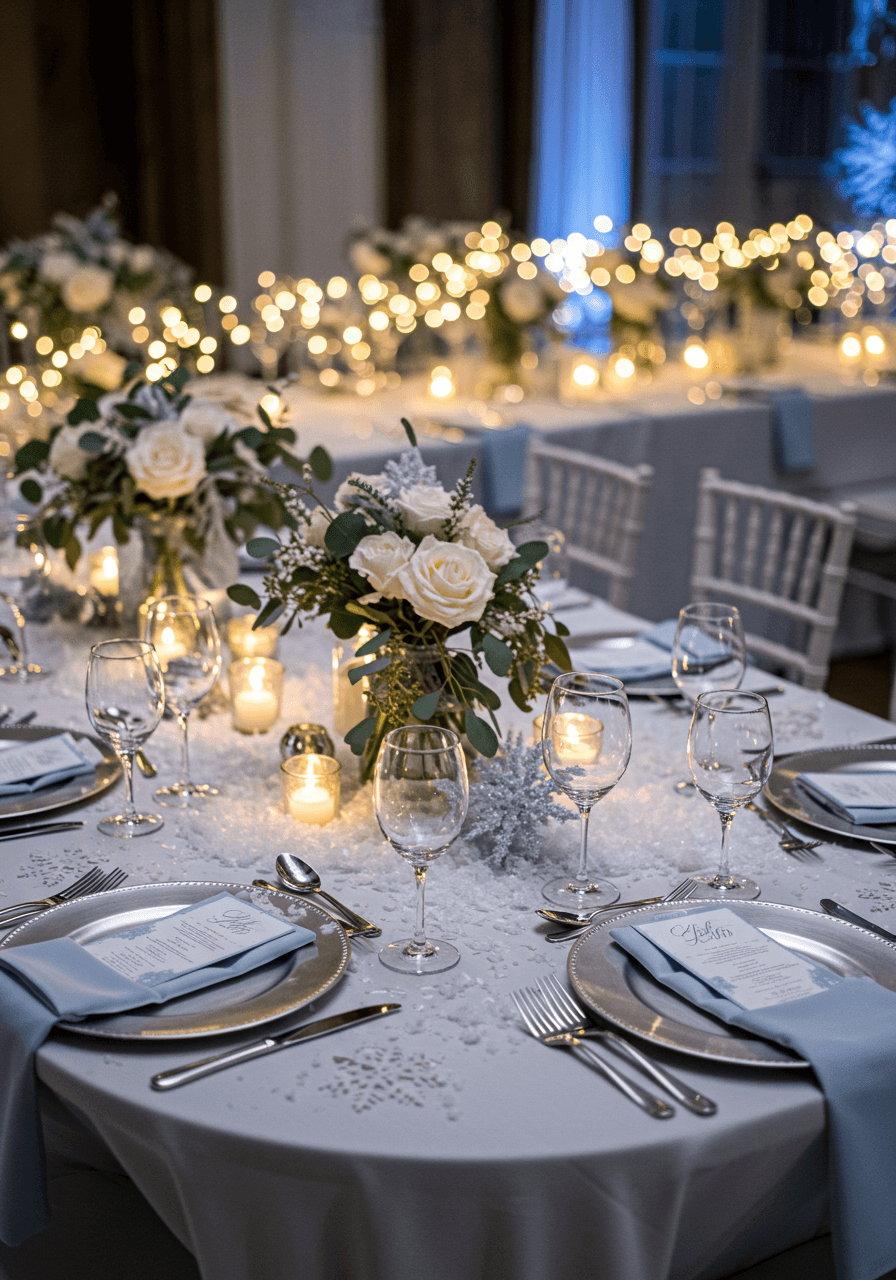 Elaborate tablescape with white linens, silver chargers, and artificial snow in elegant winter-themed venue