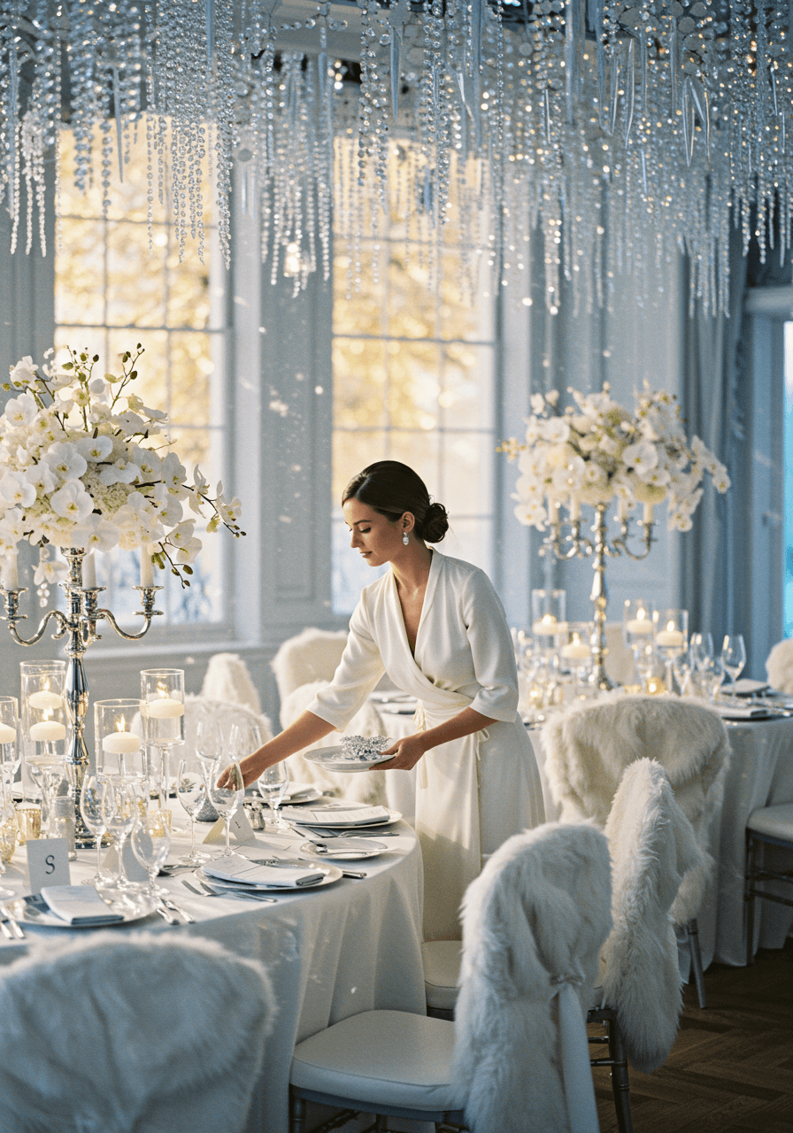 Bride in ivory silk wrap dress arranging white and silver table settings at luxurious winter venue with frosted windows