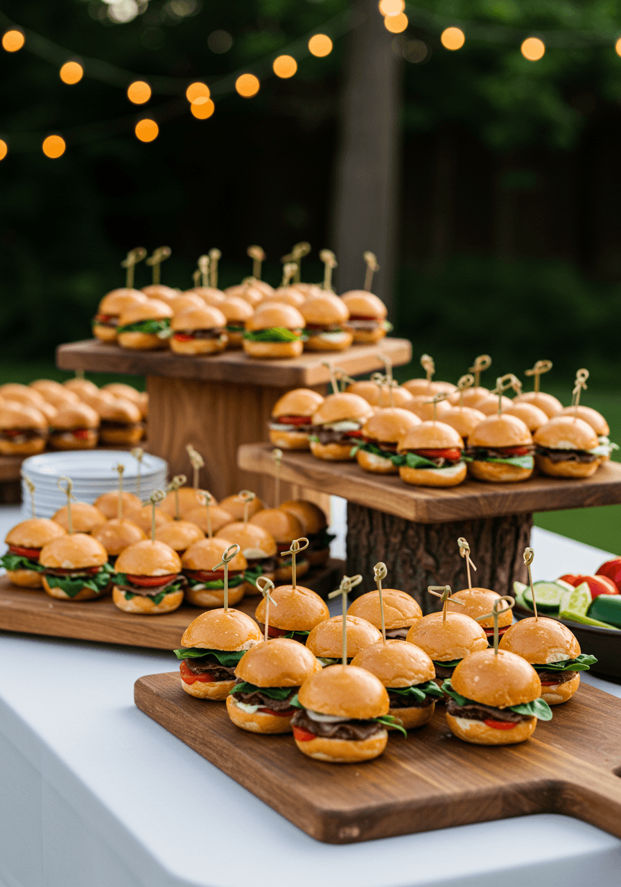 Mini sliders with various toppings arranged on wooden cutting boards at outdoor wedding reception