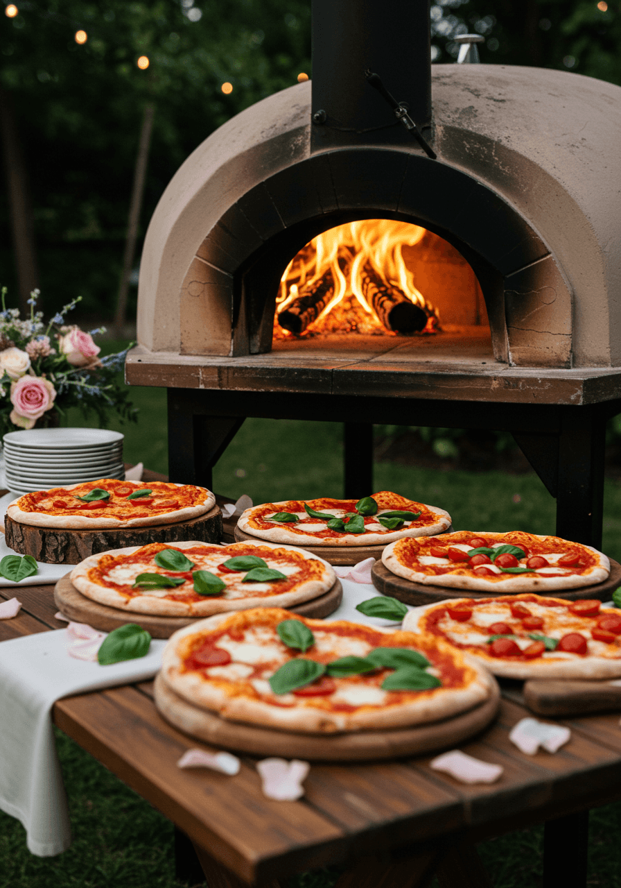 Wood-fired pizza oven with flames visible and fresh pizzas on rustic boards at backyard wedding