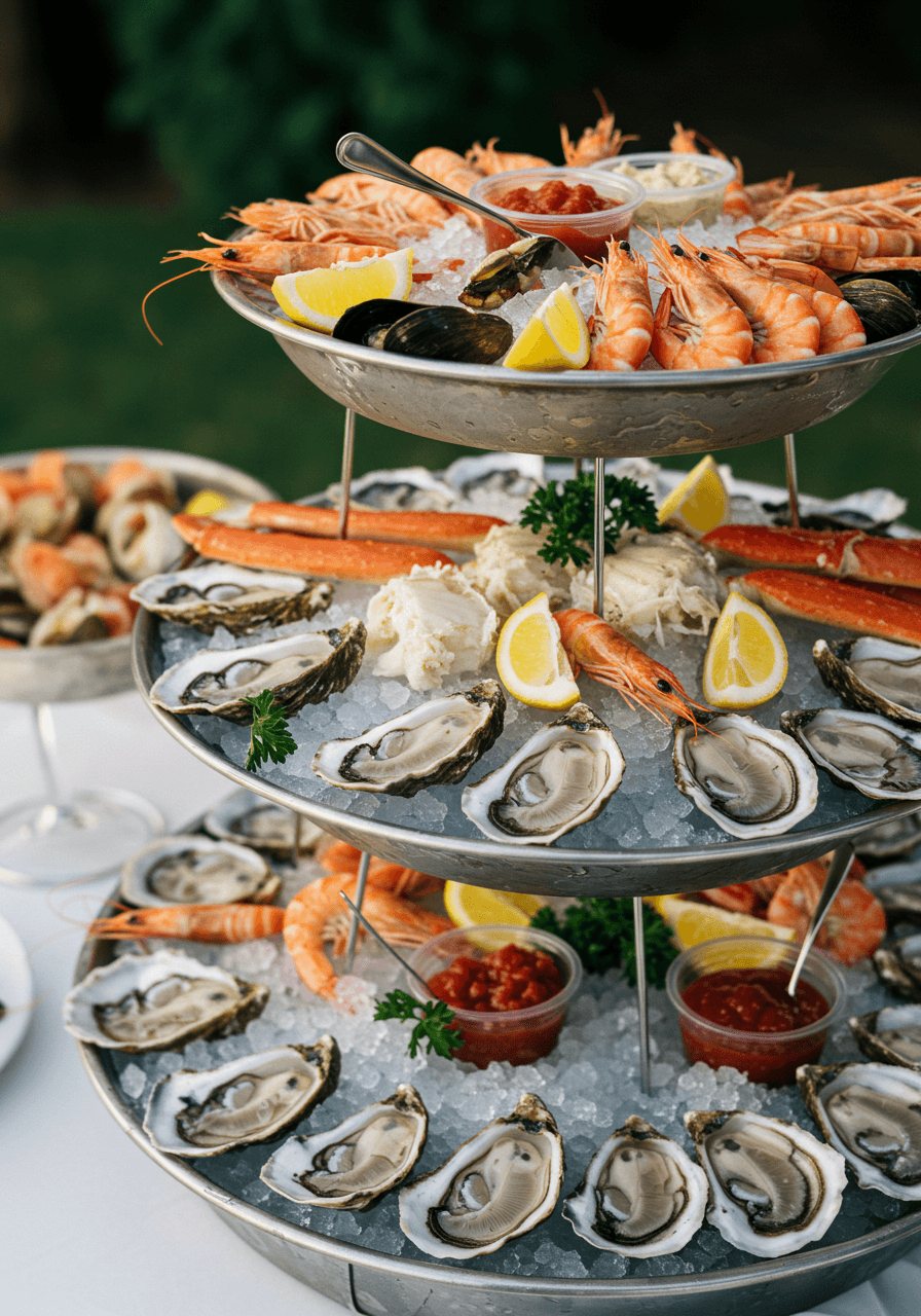 Multi-level seafood station with fresh oysters, shrimp, and crab legs at outdoor wedding reception
