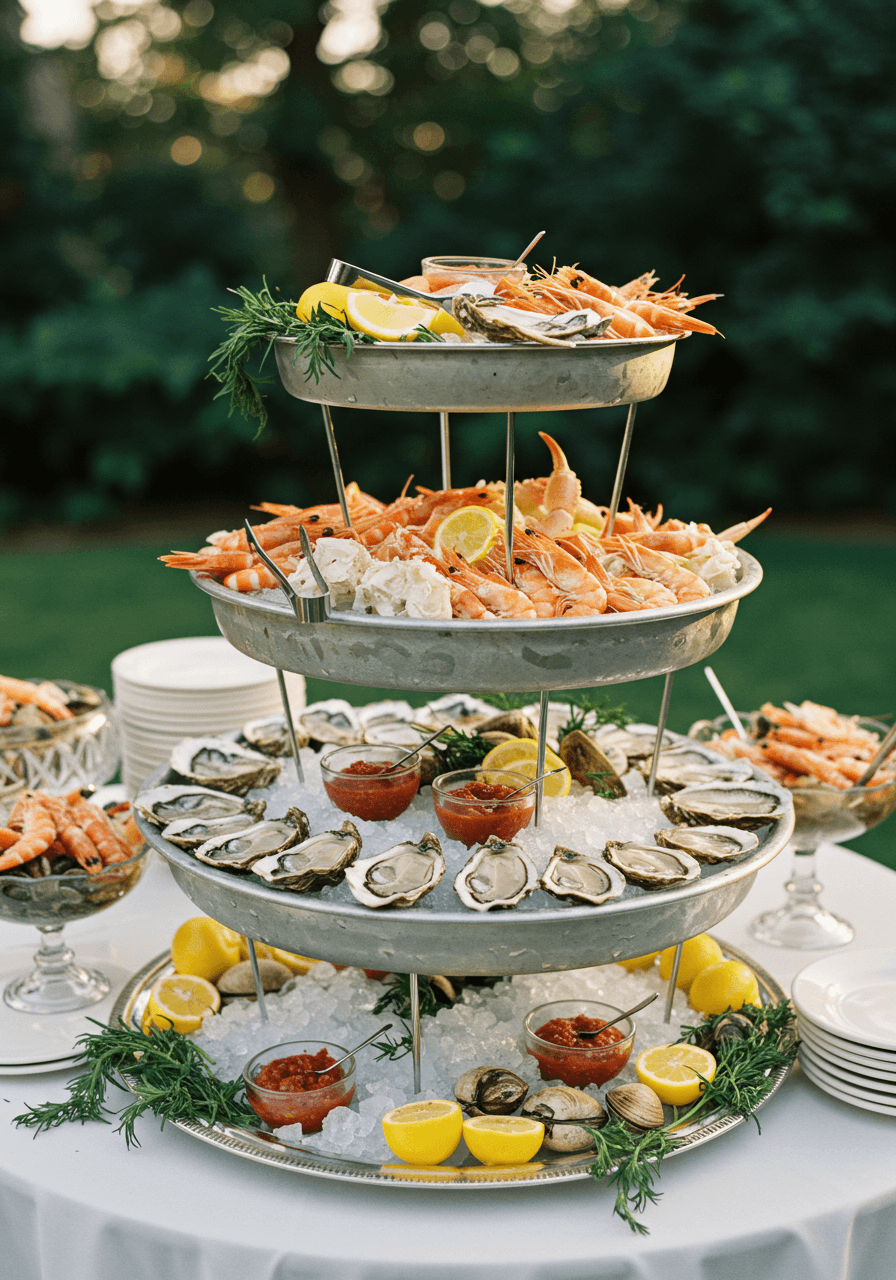 Elegant seafood raw bar with tiered display of oysters and shellfish on crushed ice at garden wedding