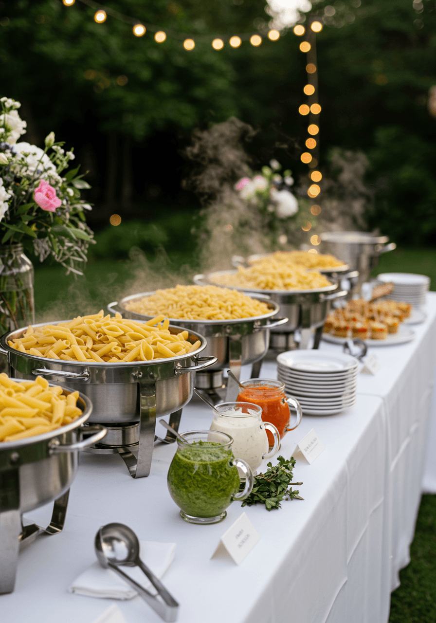 Elegant pasta bar with multiple chafing dishes and glass sauce dispensers at twilight garden wedding