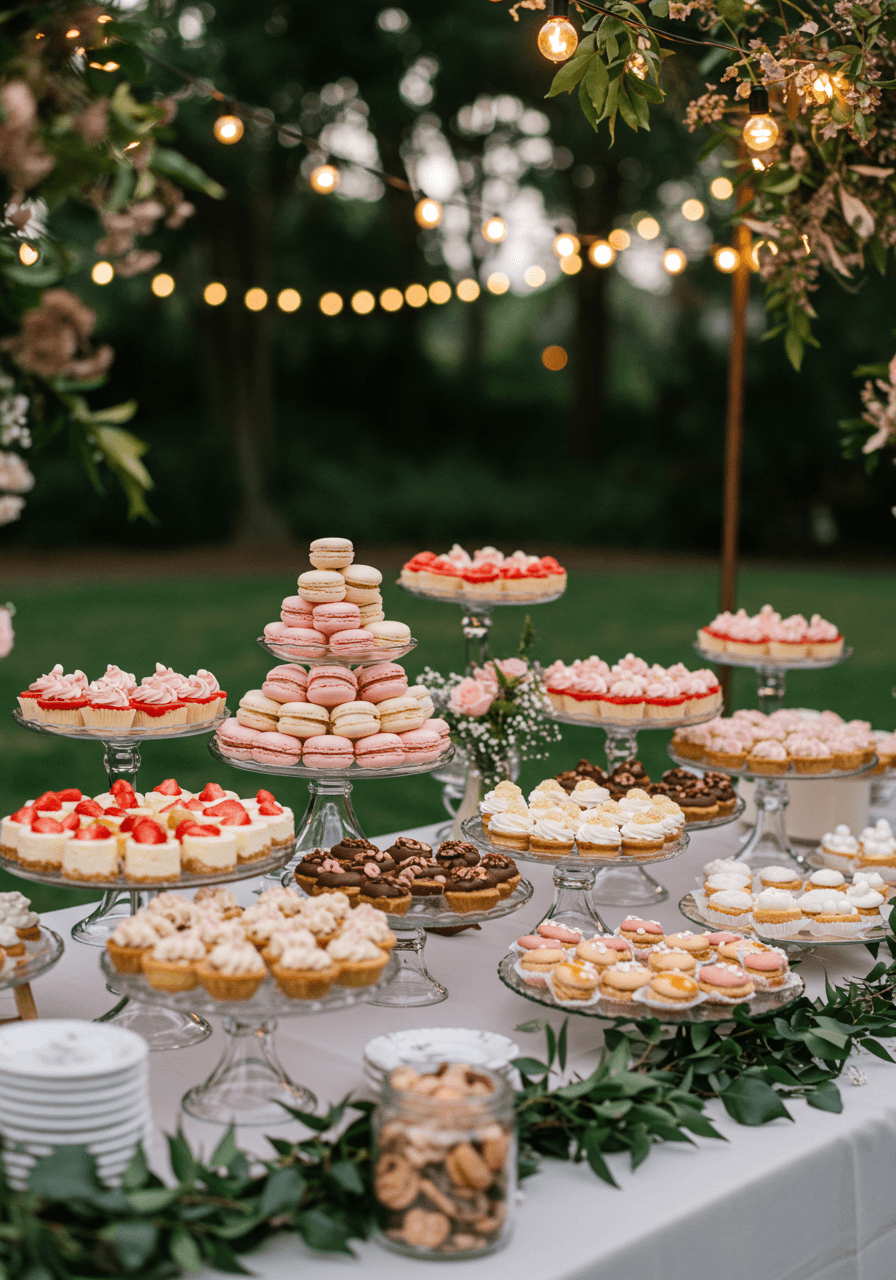 Elegant tiered dessert bar with macarons, cheesecakes, and petit fours under string lights
