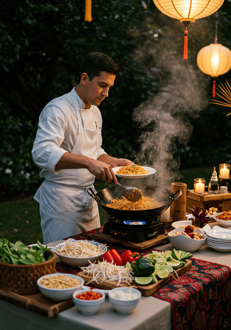 Action shot of noodle preparation with steam and flying ingredients at garden wedding reception