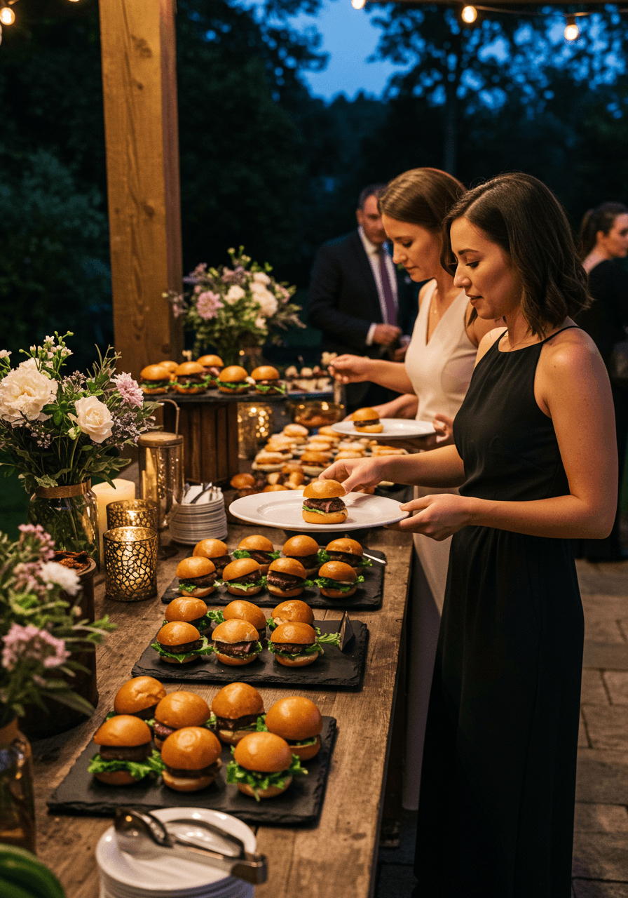 Overview of sophisticated slider station with multiple varieties at outdoor evening wedding