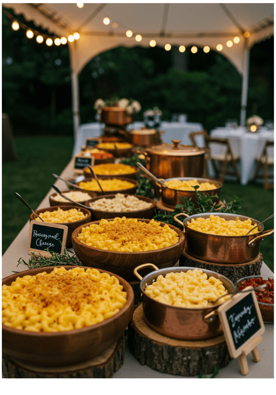 Golden bubbling mac and cheese display with chalkboard signs at garden wedding reception