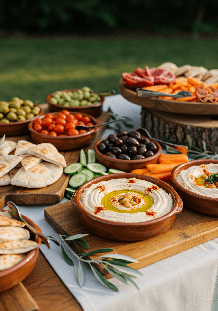 Mediterranean food station with hummus varieties, pita bread, and fresh vegetables at golden hour wedding