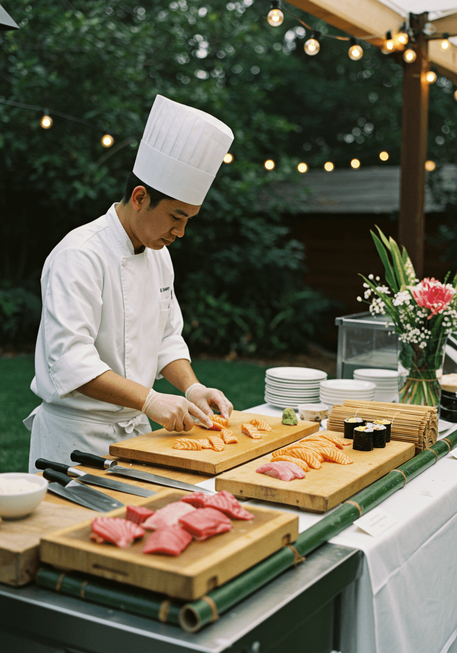 Skilled sushi chef preparing fresh sashimi at live station during backyard wedding reception