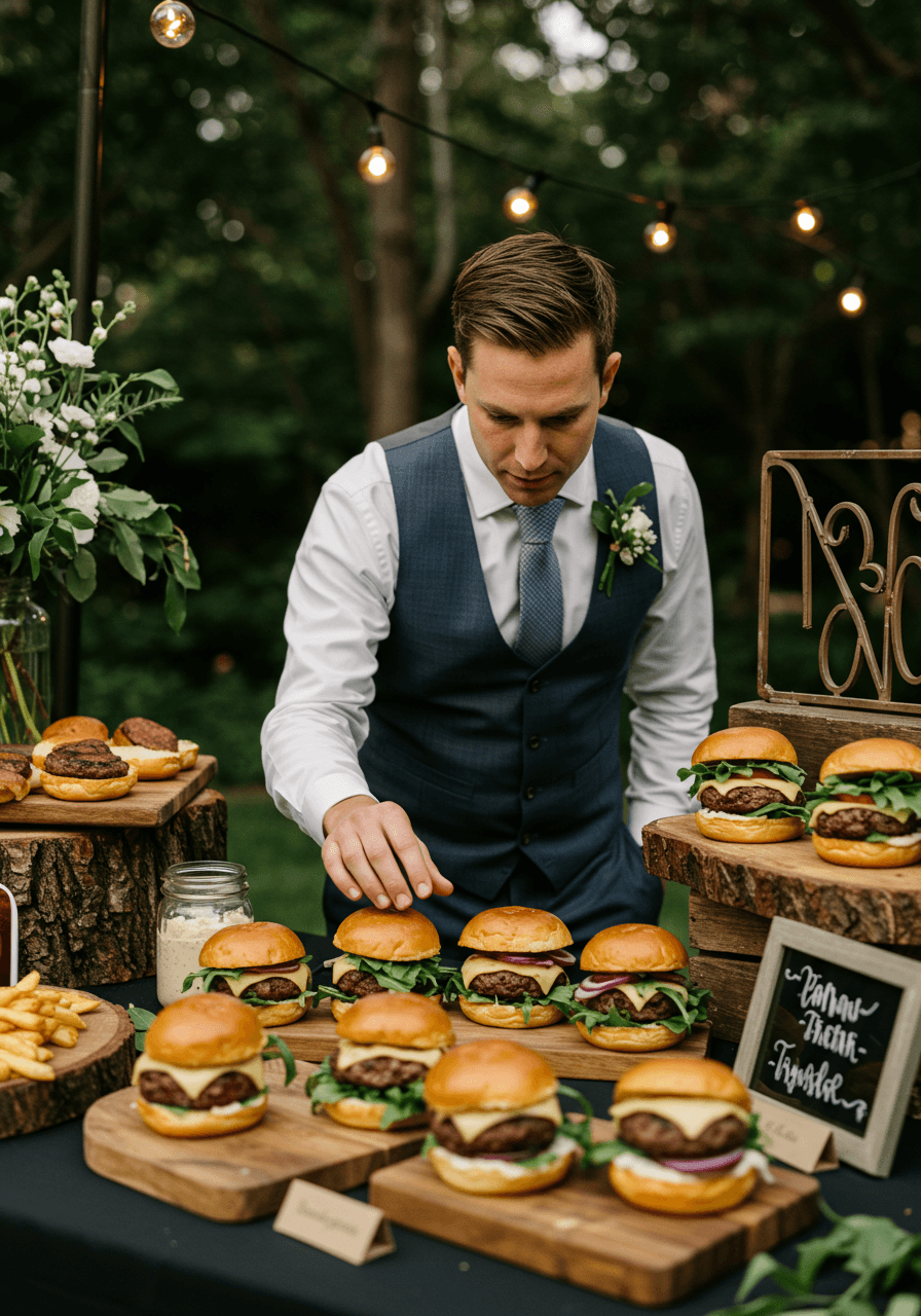 Guest examining artisanal burger choices at sophisticated backyard wedding reception