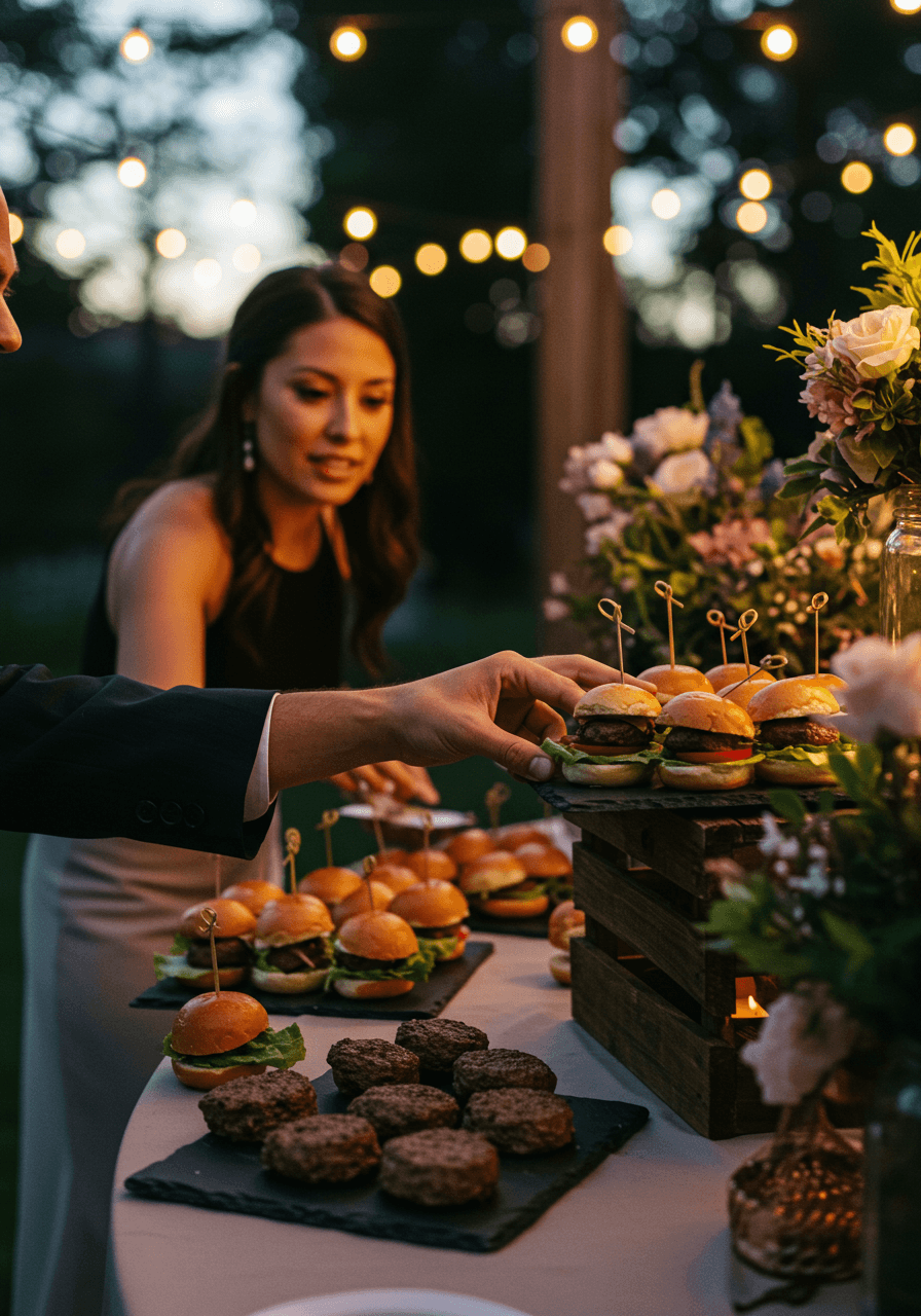 Guest reaching for gourmet mini burger from elegant slider bar at twilight wedding reception