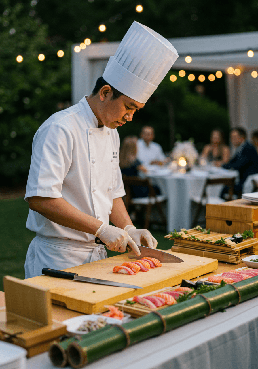 Professional sushi chef workspace with bamboo boards and traditional knives at garden wedding