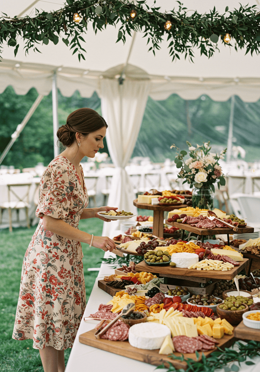 Guest in floral dress selecting from elaborate charcuterie station at elegant backyard wedding
