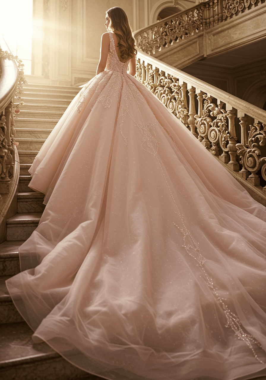 Close-up of a fairytale wedding dress train with pearl detailing on opulent castle stairs during golden hour