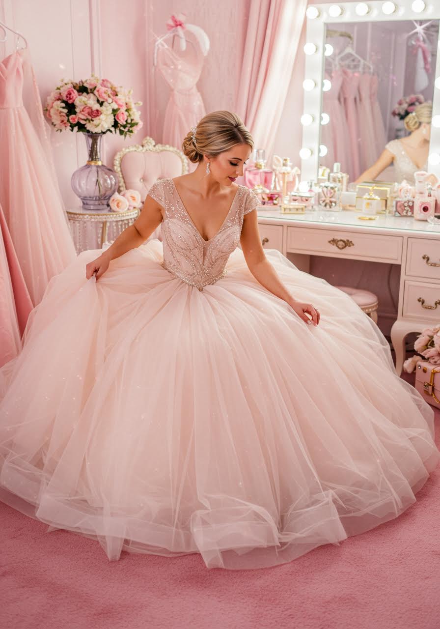 Low angle view of a bride twirling in a voluminous blush pink ball gown wedding dress in a glamorous dressing room
