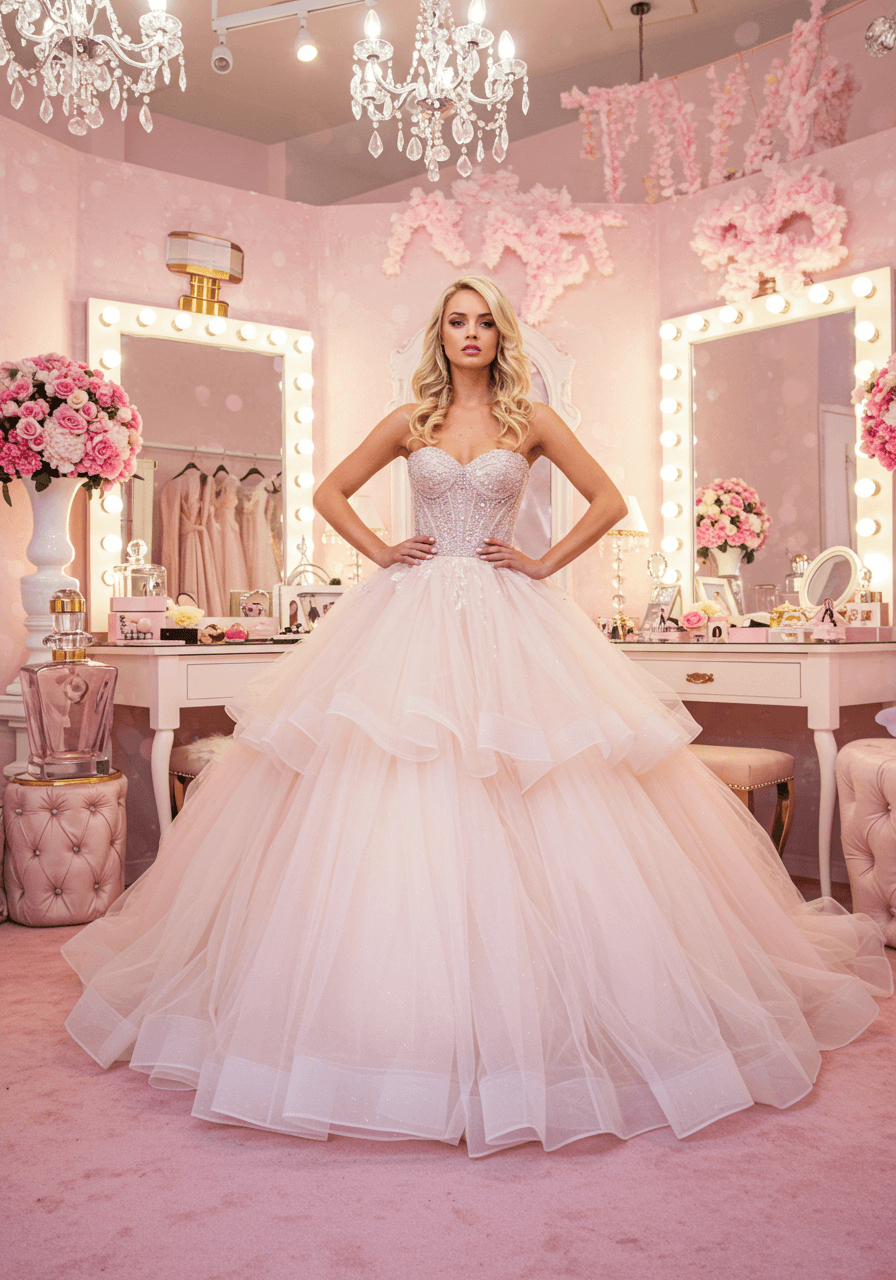 Bride in a pink ball gown with glitter embellishments on the bodice, captured mid-twirl in a dreamlike setting