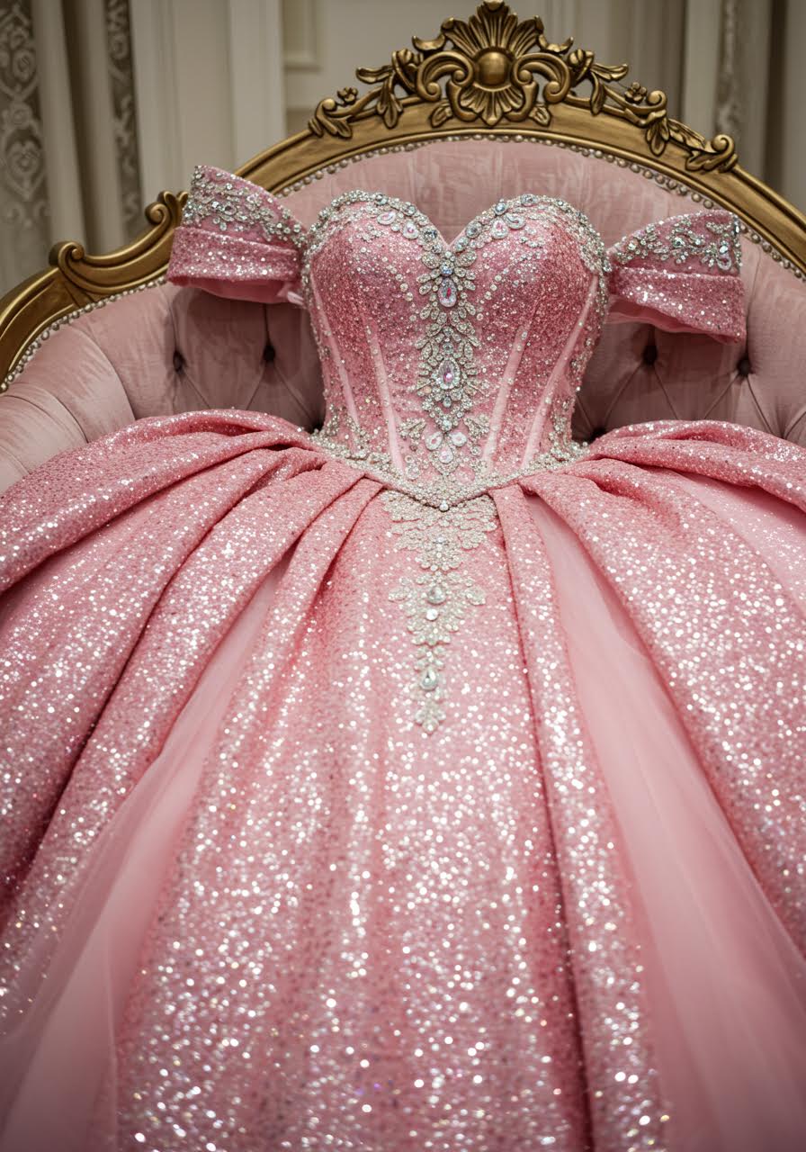 The heavily adorned bodice of a fantastical pink princess wedding dress with sparkling glitter and sequins