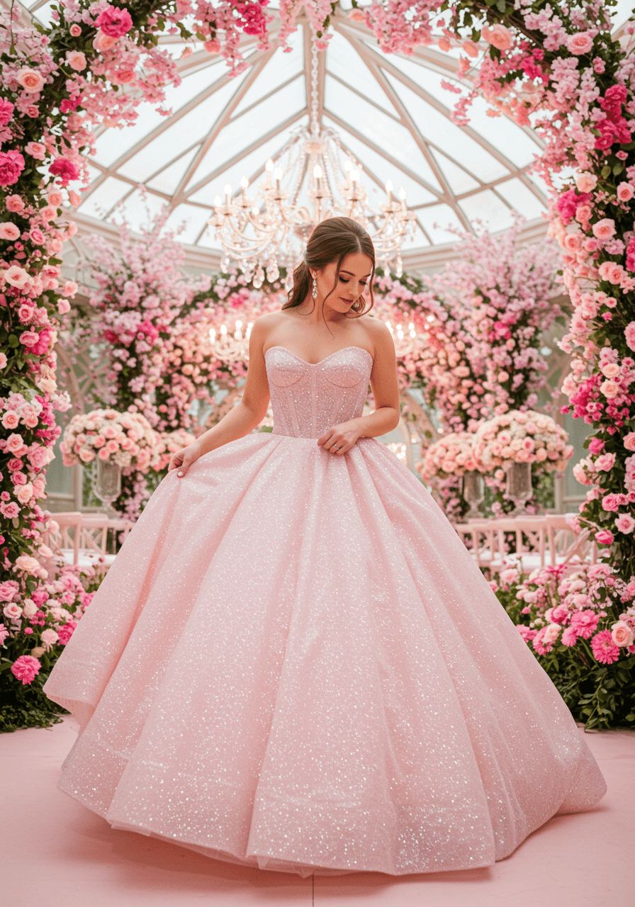 Bride twirling in a voluminous, glitter-encrusted pink ballgown in a fairytale indoor garden pavilion