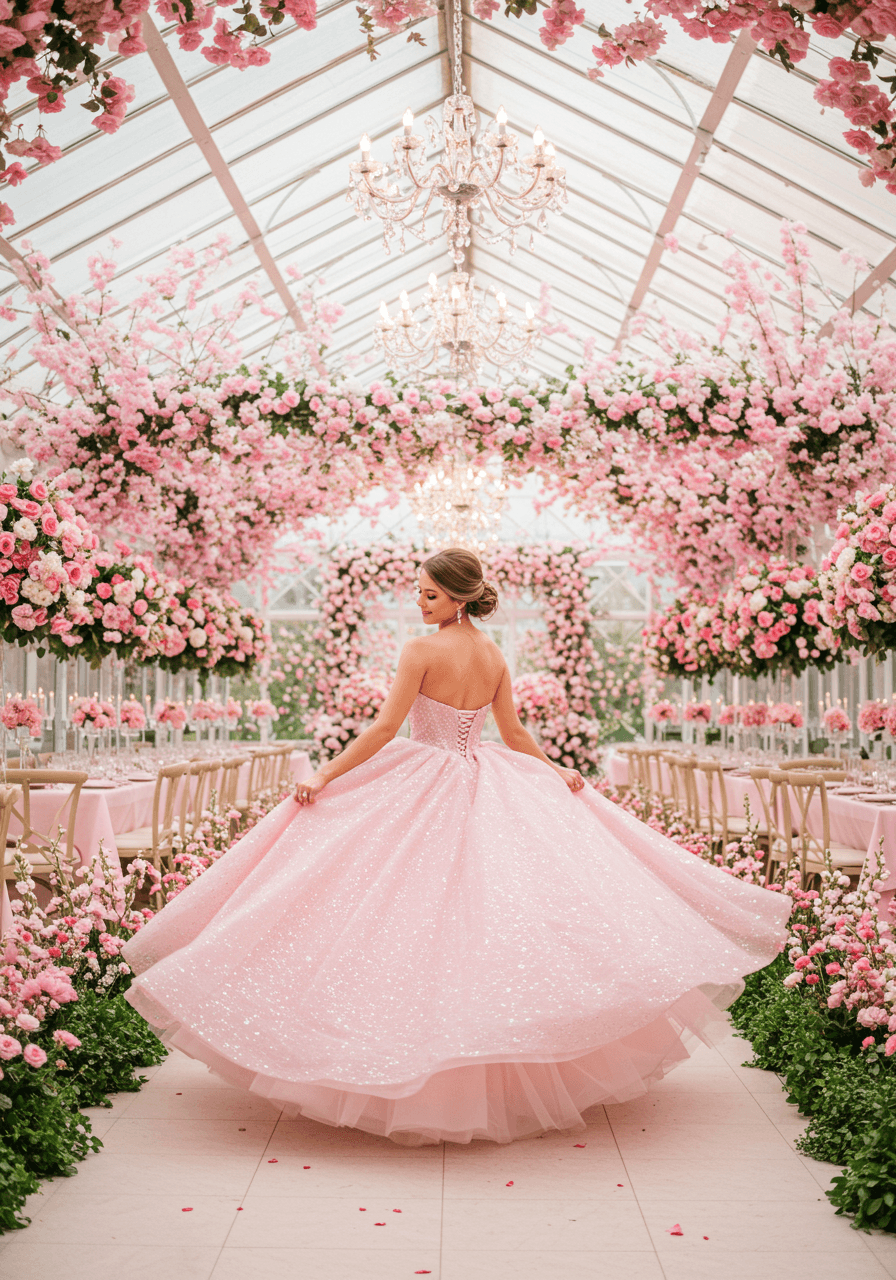 A bride having her ultimate princess moment in a glitter-coated pink ballgown wedding dress