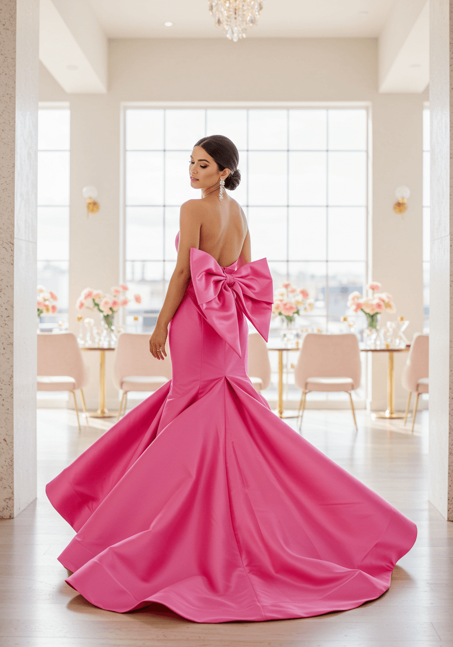A fashion-forward bride in a stunning hot pink mermaid silhouette wedding dress
