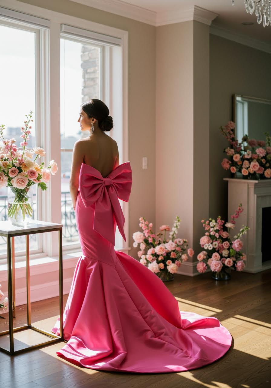 The elegant lines and oversized bow detail of a modern hot pink mermaid wedding dress