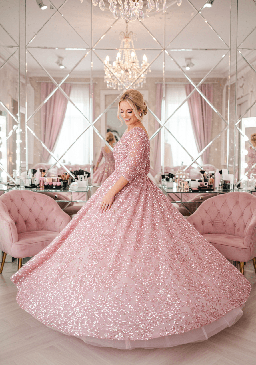Bride joyfully twirling in a modern masterpiece wedding dress covered in pink and silver sequins