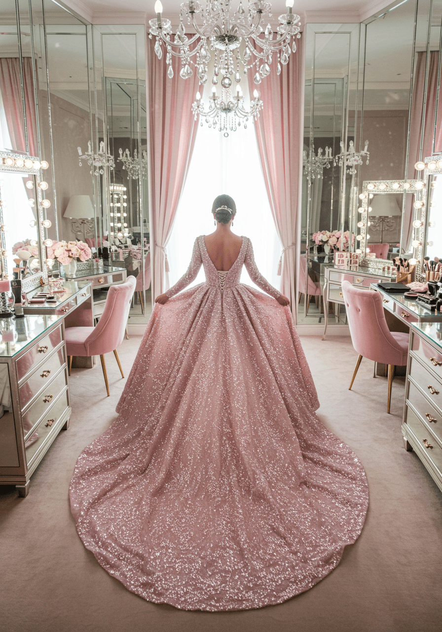 Dynamic shot of a bride in a sparkling pink sequin wedding dress, reflecting in floor-to-ceiling mirrors