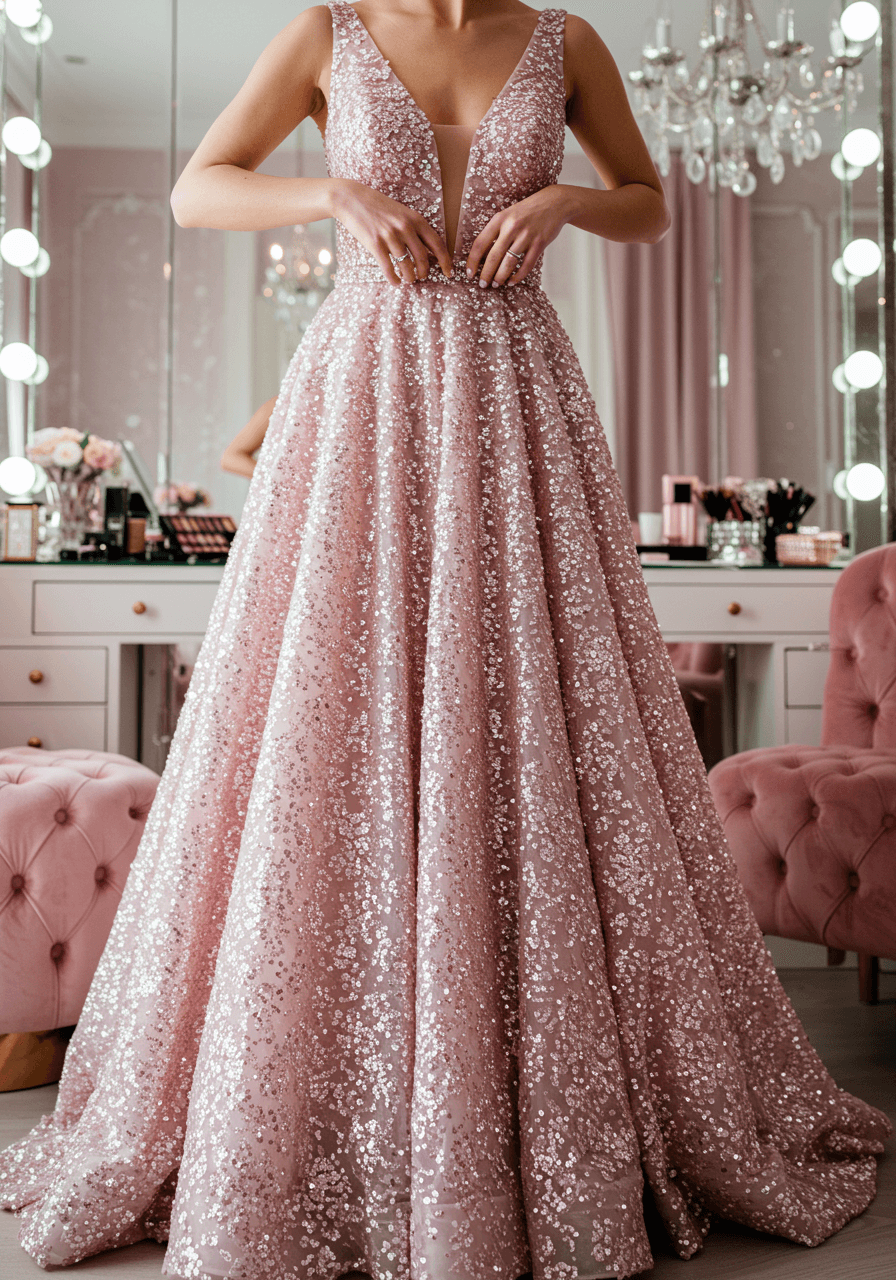 A radiant bride in a fully sequined ballgown in a lavish suite with pink velvet furniture