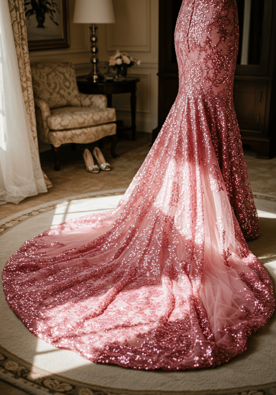 Close-up shot of an elaborate, sparkling hot pink tulle and sequin mermaid tail on a plush rug