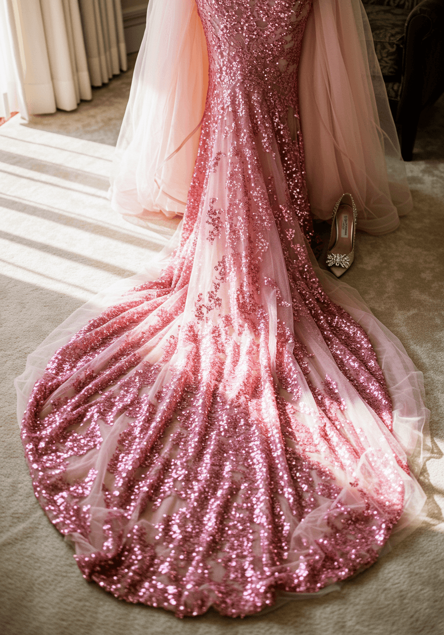 A detailed view capturing the cascade of sequins on a hot pink mermaid wedding dress tail