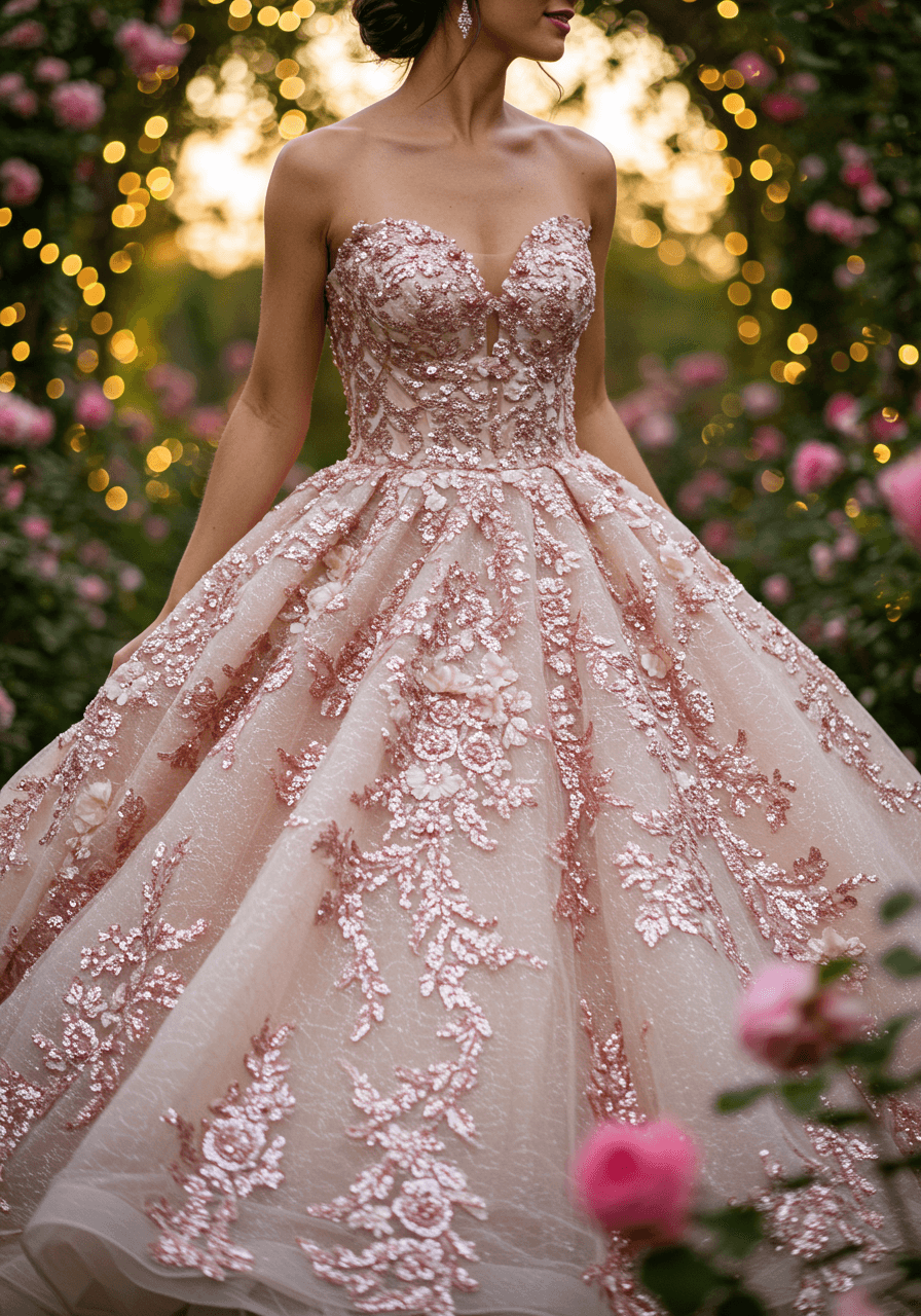 Full shot of a bride twirling in a rose gold embellished wedding dress surrounded by fairy lights and pink roses