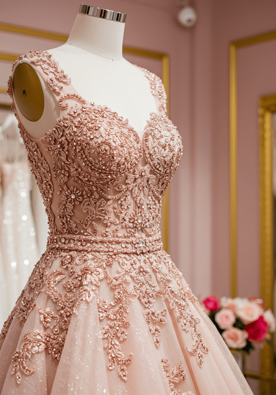 Close-up of a luxurious rose gold embellished wedding dress detail in a chic bridal boutique