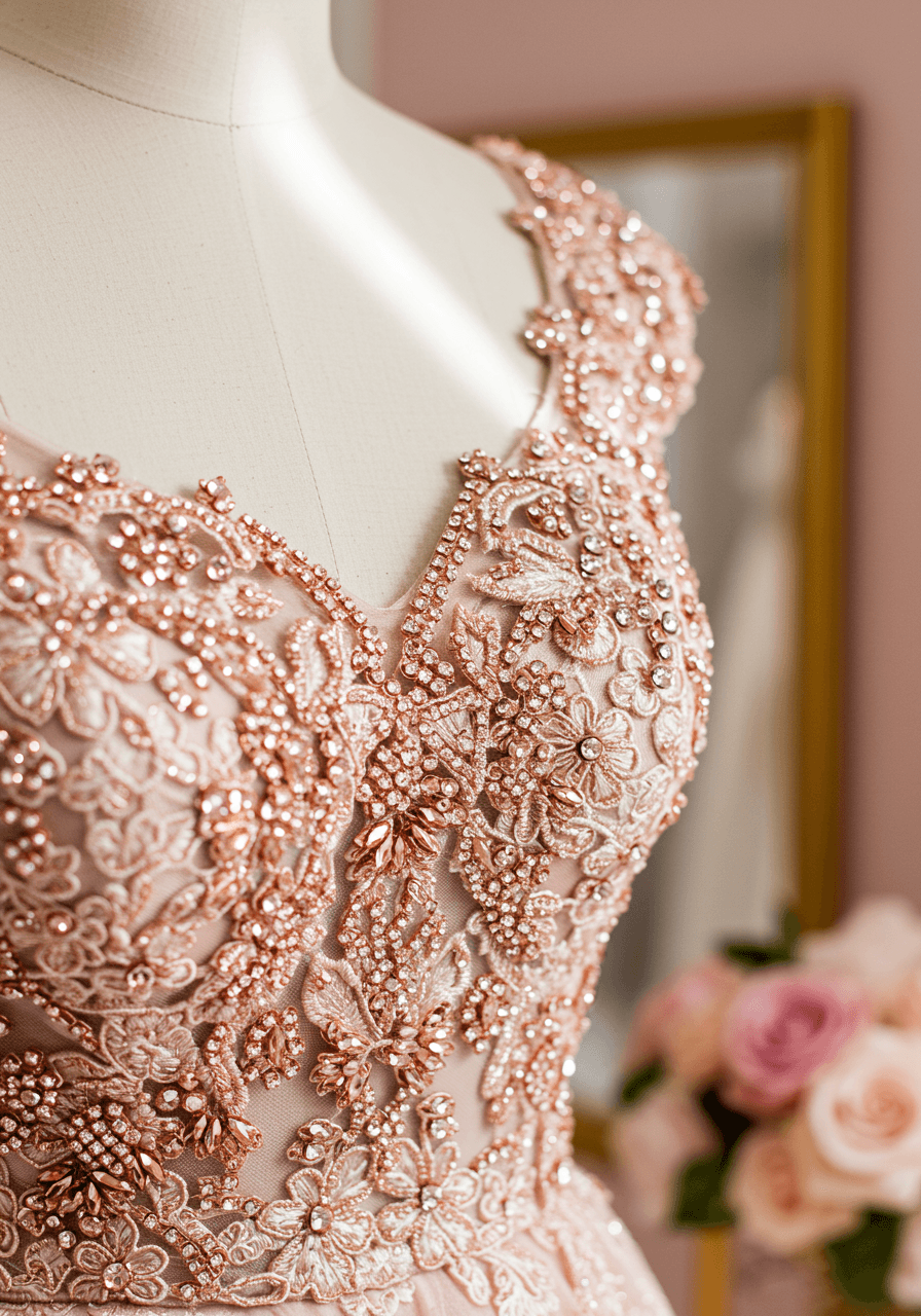 Elegant detail shot of a rose gold wedding dress bodice with a single pink rosebud nearby