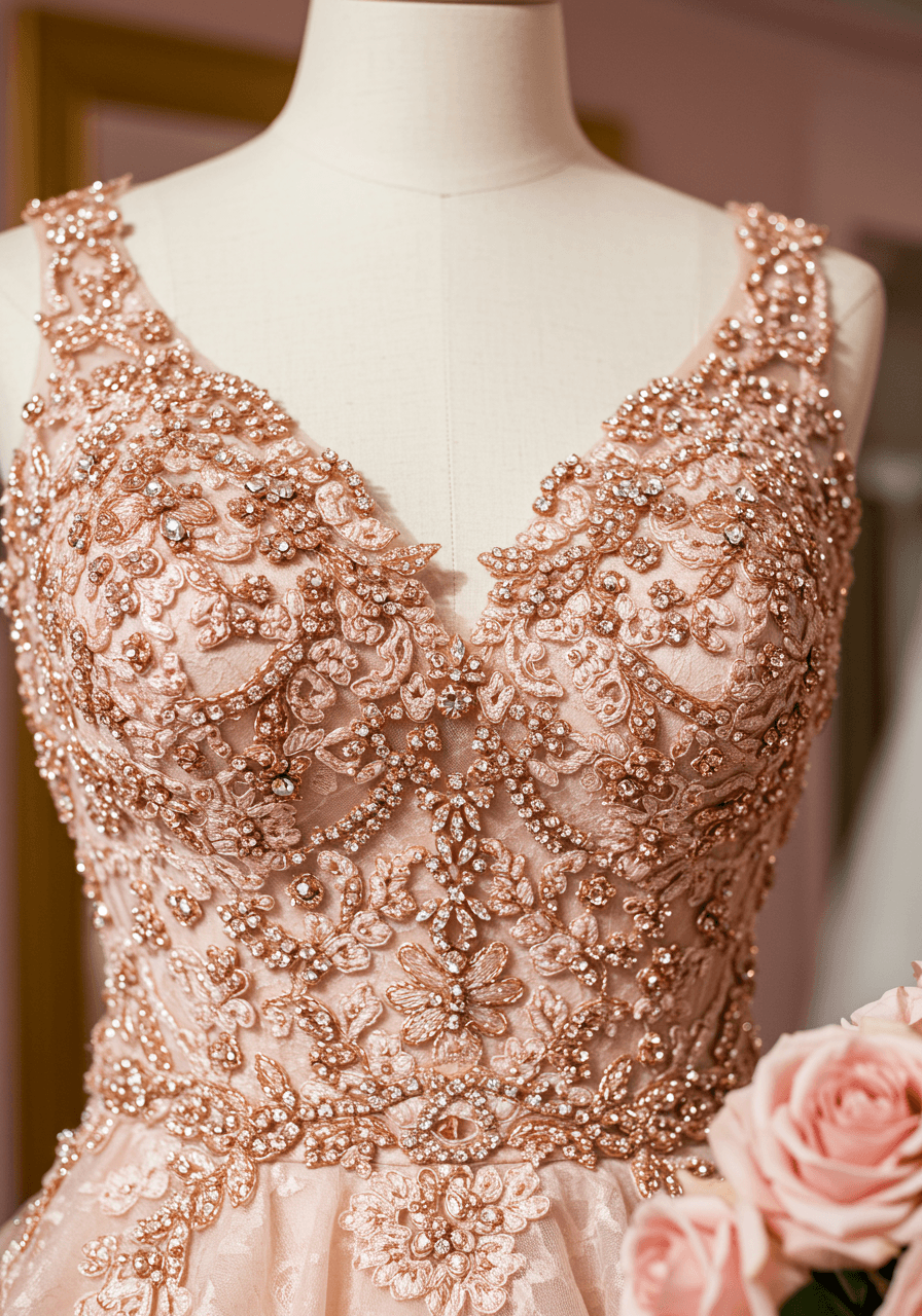 Showcasing the intricate details of a rose gold bodice on a mannequin