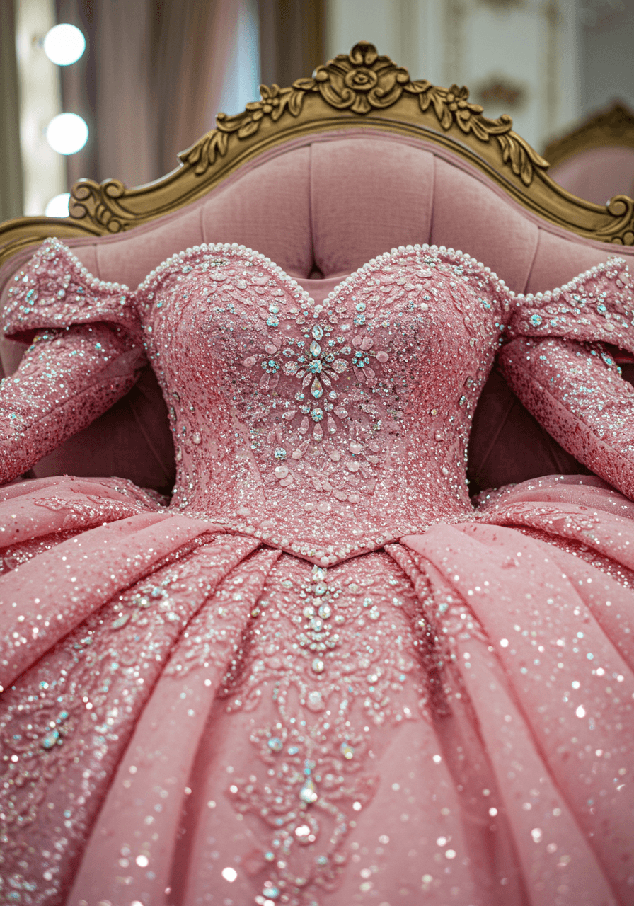 Macro detail of the ultra-glamorous, sparkling texture of a pink princess bridal gown