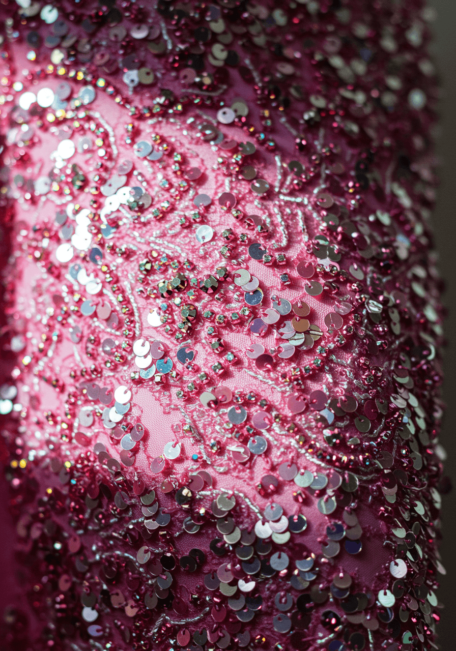 Extreme close-up showcasing the art of sparkle on a wedding dress with iridescent pink and holographic silver sequins