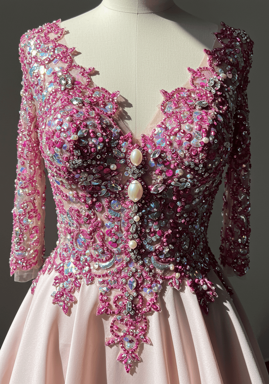 The tactile and opulent texture of multi-faceted sequins on a Barbie pink wedding dress