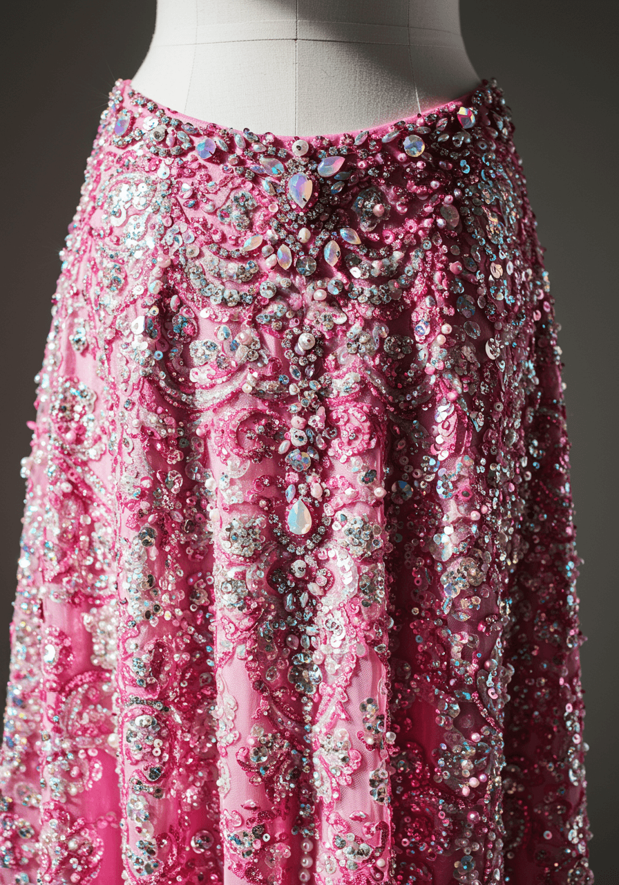 Macro detail shot of densely embroidered sequins on a rich satin wedding gown